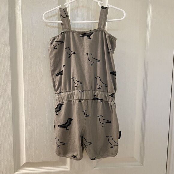 Moi Raven Crow Bird Romper Shortall Organic Cotton Olive Green Girls Size 5-6 - Picture 9 of 12